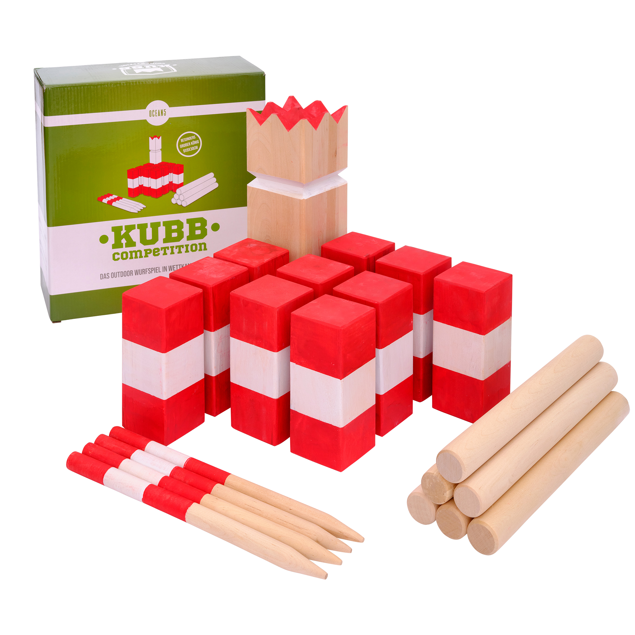 Kubb Birke - 9x9x30 cm wettkampffähiges Competition Wikinger Wurfspiel von Ocean5 - rot/weiß gestreift